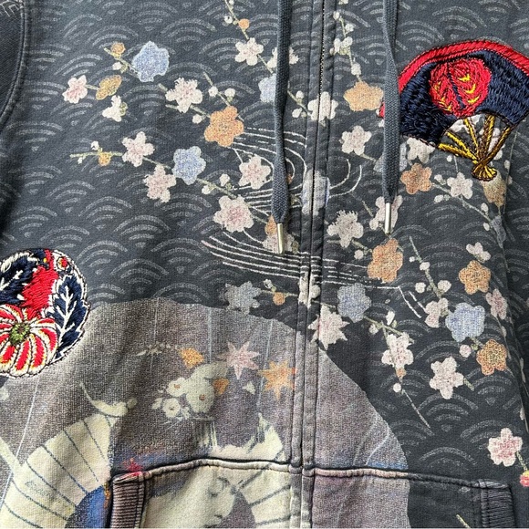 Y2K Rare Vintage Lucky Brand Asian Art Geisha Zip Up Hoodie Embroidered EUC Lg - Picture 10 of 16